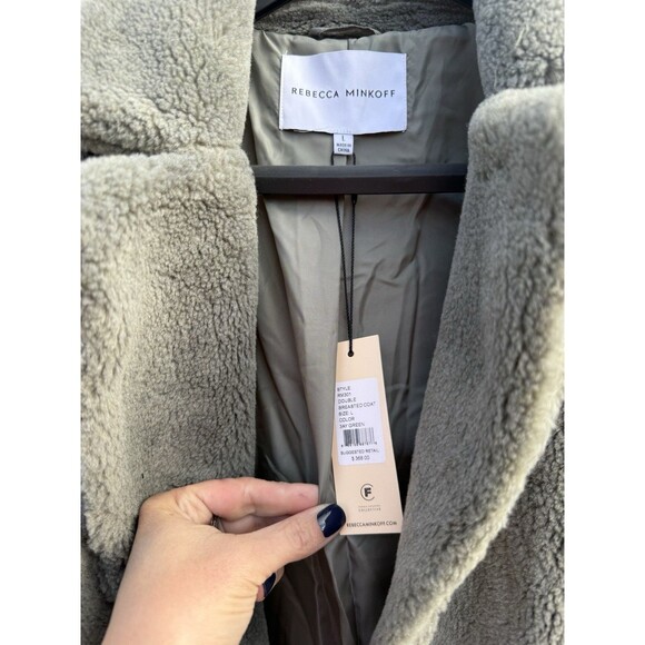 NWT! REBECCA MINKOFF Green Wool Teddy Faux Shearling Double Breasted Coat Large - Picture 4 of 12